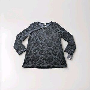 First Option Top M Women Black LS Round Neck Floral Burn Out Velvet Goth Y2K VTG